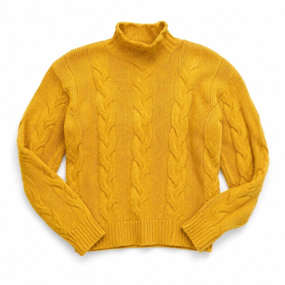 Vintage Yellow Roll Neck Sweater Womens M Cable Knit Fisherman Preppy Old Money